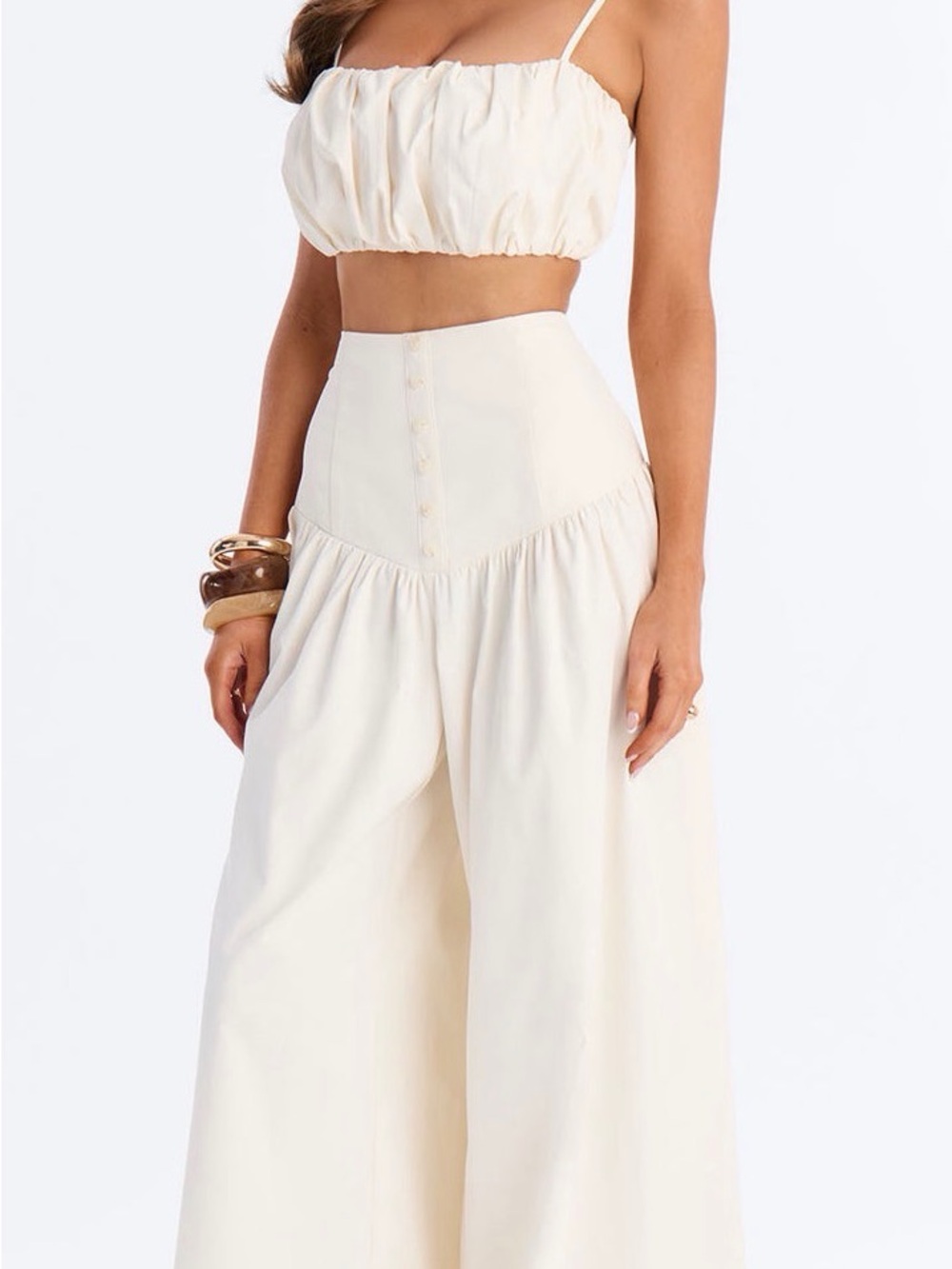 2 Pièces Set, High-Waist Wide Leg Pants in Cream with top